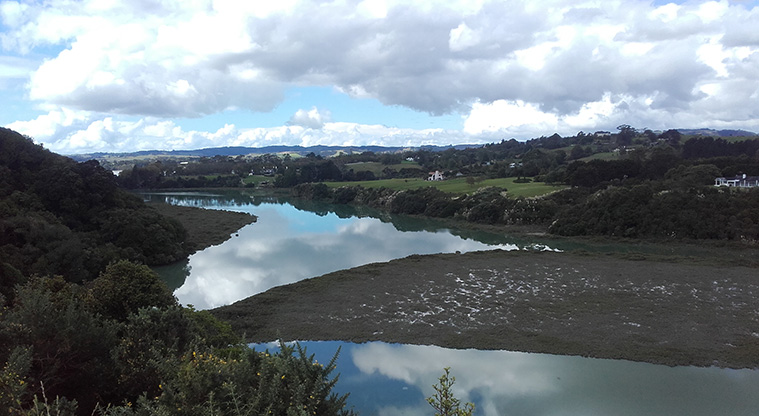 Mangemangeroa Shelly Park Beach Path - A view at full t ide from Archie's Lookout.