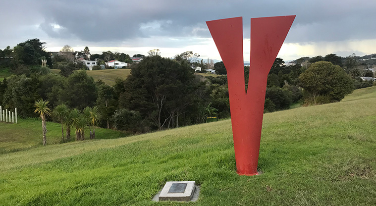 Oneroa Art Path - Follow Mako Street until you come to Slit by Charlotte Fisher (right), then follow the path down to A decade of rain, by Mark Whyte.