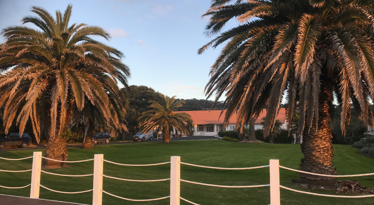 Onetangi Beach Path - Palm trees mark the site of the original Onetangi Hotel.