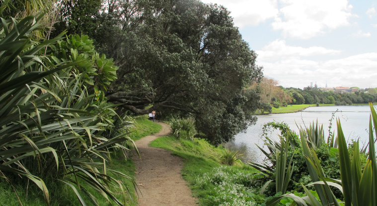 Ōrākei Basin Path - A gravel section of the path alongside the basin.