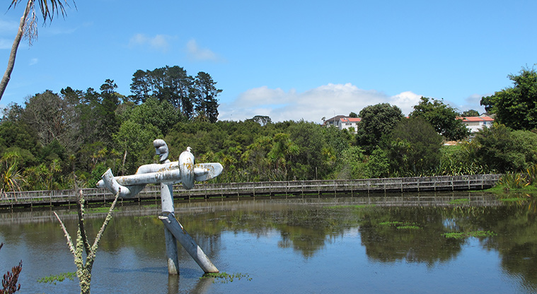 Paremuka Lakeside Path - Art feature “Eelman” in the lower lake.