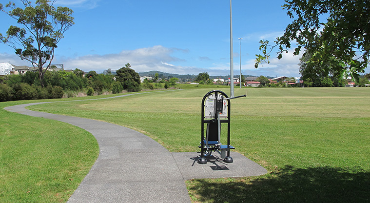 Rānui Domain Path - Path start and exercise equipment.