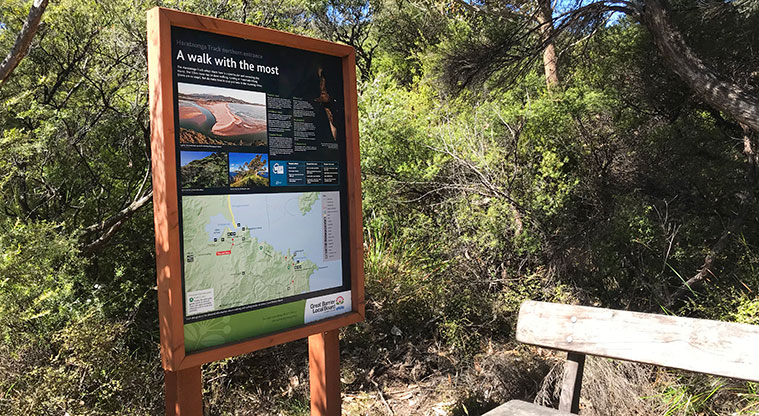 Whangapoua Lookout Path - Check where you are going. The entrance sign explains the Harataonga Coastal Trail.