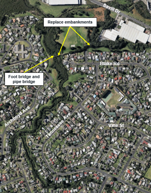 A satellite image of the Te Ararata Creek Flood Resilience Project area.