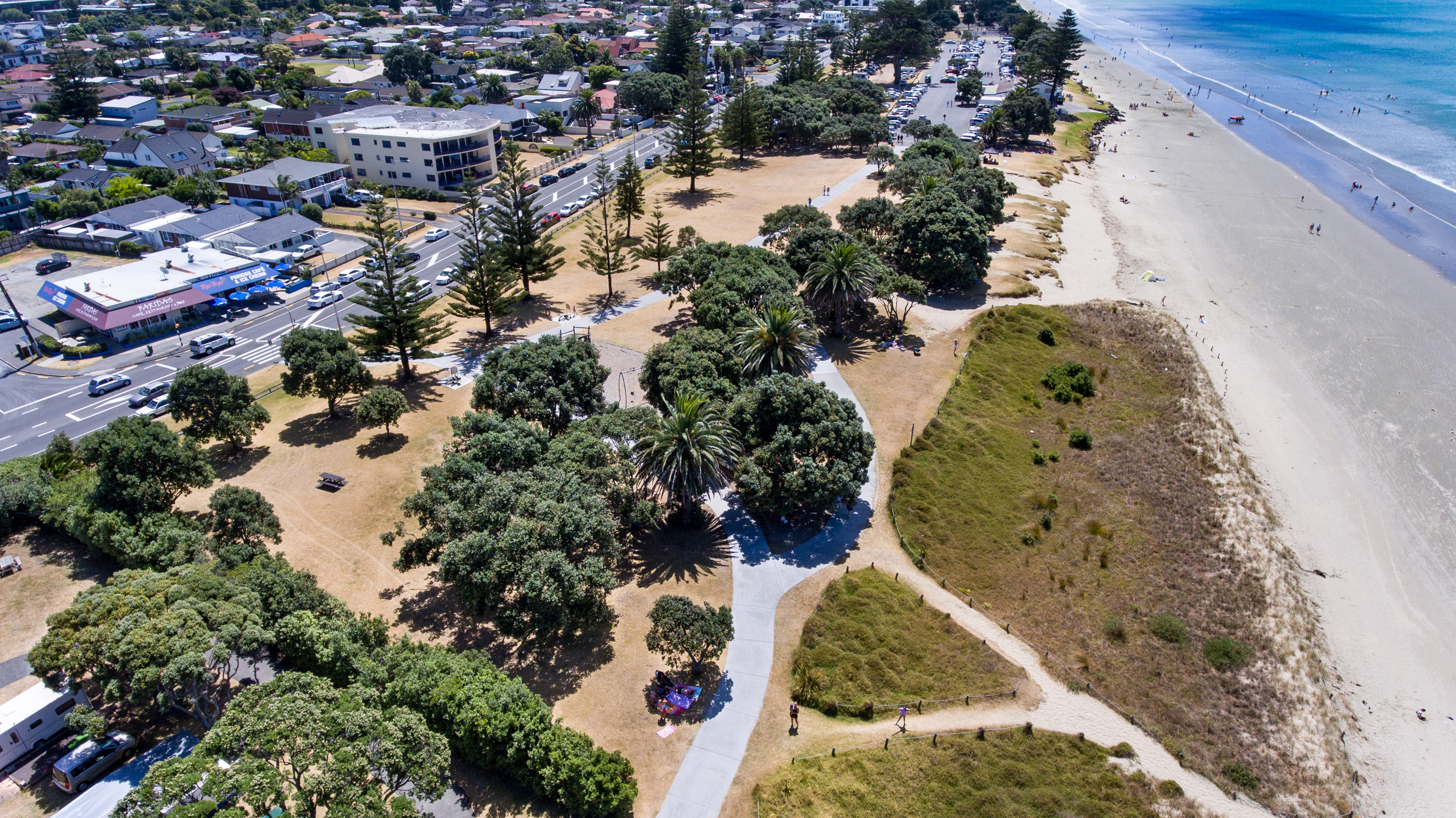 Section of Ōrewa Reserve with dunes, trees and walking paths with road on left side and sea on the right side.