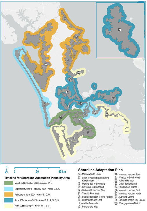 Map of Auckland's coastline showing each SAP area.