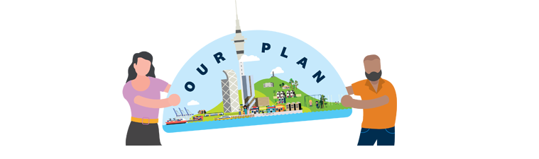 Illustration of two people holding a drawing of Auckland that includes the waterfront, Sky Tower, parks and the words Our Plan.